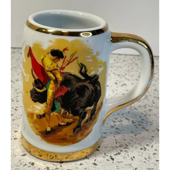 Vintage Barcelona Matador Bull Fighter Ceramic Tall Mug, White w/ Gold Accents - Picture 1 of 5